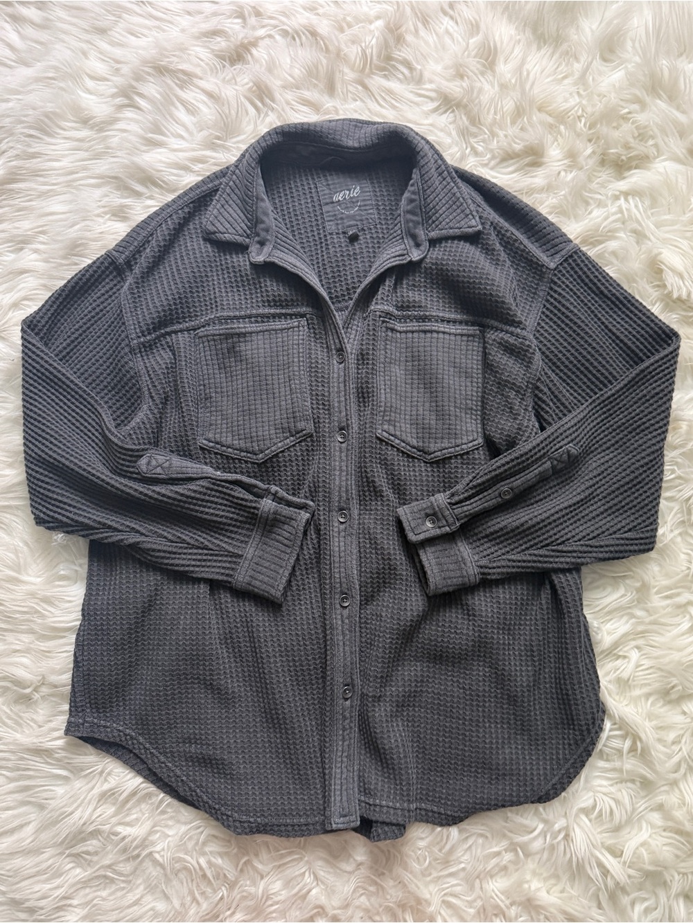 Aerie Lumber Jane Waffle Knit Oversize Button Down Long Sleeve Top Grey Small